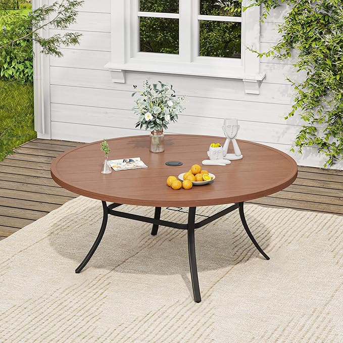 VICLLAX Outdoor Table and Chairs Set for 8, Patio Dining Set of 60 Metal Round Patio Table with Umbrella Hole & 8 Swivel Outdoor Dining Chairs for Backyard Lawn, Mixed Brown & Walnut