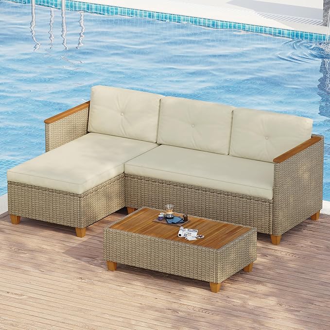 Patio Furniture Set Small Rattan Conversation Set, 3 Piece Wicker Outdoor Sectional Chaise Longue with Acacia Wood Coffee Table,L-Shaped Sofa Couch for Deck Garden Balcony, Beige