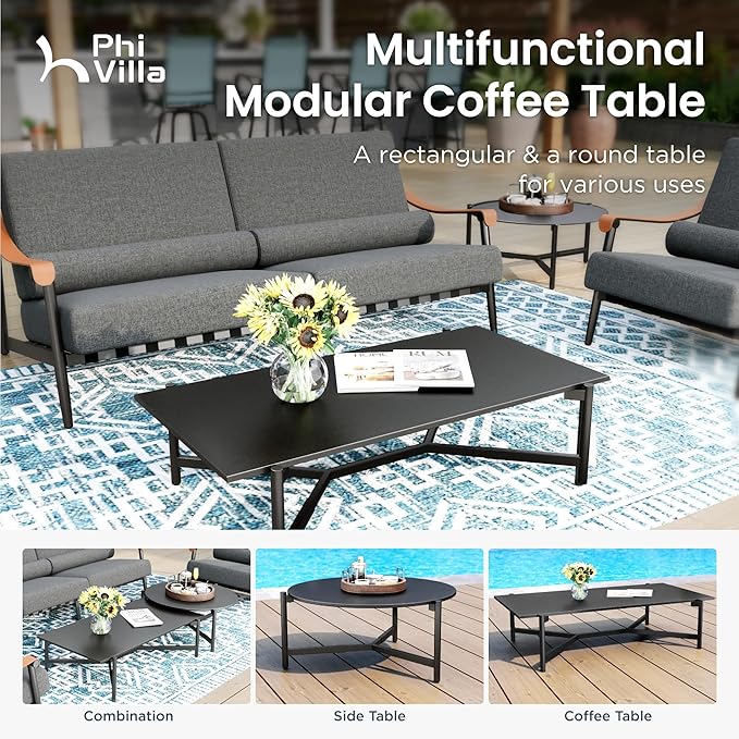 PHI VILLA Modern Outdoor Patio Furniture Set,Deep&Wide Seat with Extra Thick 6.3" Cushions Metal Outdoor Conversation Set(Backyard ICON Collection)