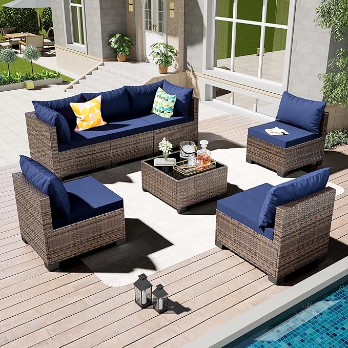 7 Pieces Patio Furniture Set - Outdoor Sectional Wicker Rattan Furniture with Cushion and Glass Table Patio Conversation Sets for Porch Poolside Backyard Outdoor Sofa Set Modular Sofa