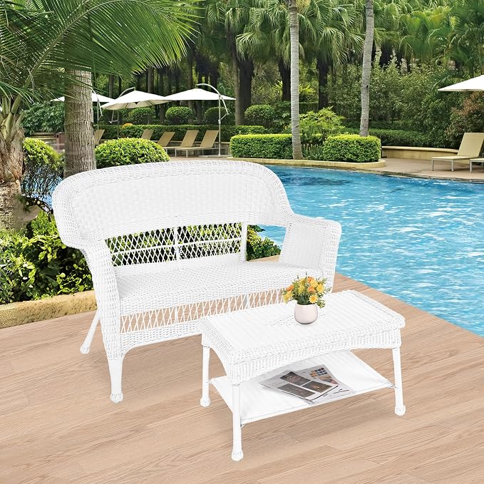 Jeco Wicker Patio Love Seat and Coffee Table Set without Cushion, White
