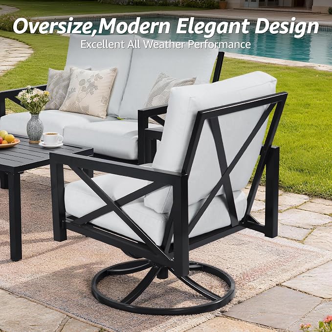NATURAL EXPRESSIONS 4 Pieces Patio Furniture Sets, Modern Metal Outdoor Conversation Sets with High Back Rocking Swivel Chairs,38’’ Metal Table, 5.5" Thick Cushions