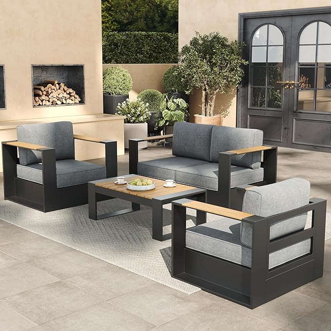 Aluminum Patio Furniture Set, 4 Seats Luxury Seating Furniture with Coffee Table, All Weather Outdoor Conversation Sets with 6" Thickened Cushions