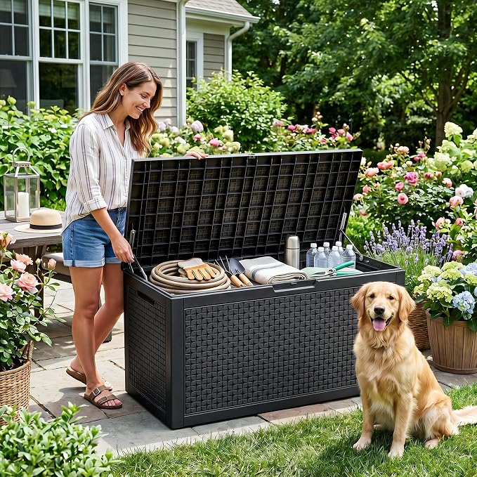 EasyUp 110 Gallon Deck Boxes Outdoor Waterproof, Resin Outside Storage Box for Patio Cushion Furniture Pool Accessories Garden Tools Indoor Outdoor Storage Bench (110 Gallon, Black)