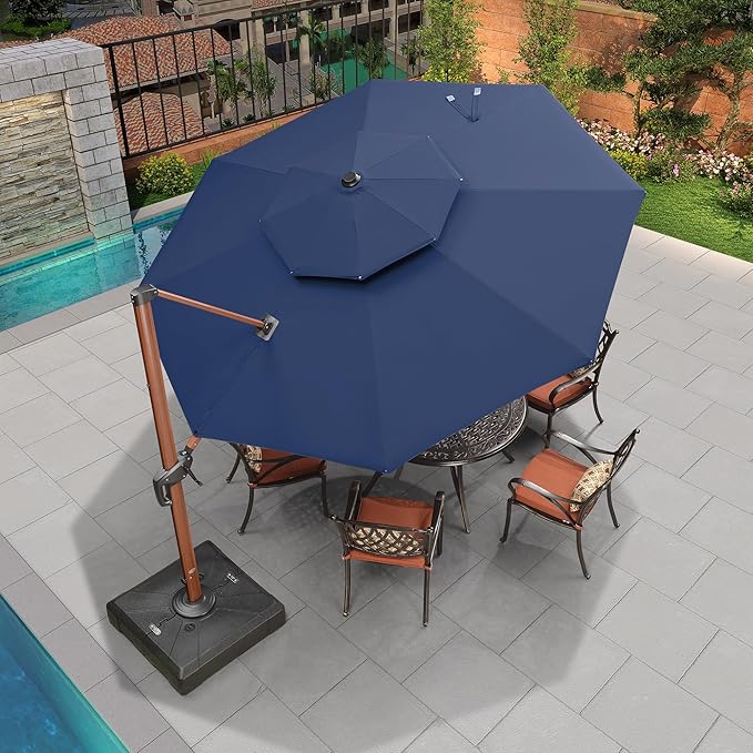 PURPLE LEAF 11 Feet Wood Pattern Round Patio Umbrella With Base Double Top Deluxe Umbrellas Cantilever Outdoor Umbrella Garden Umbrellas Deck Pool Umbrella, Spectrum Indigo