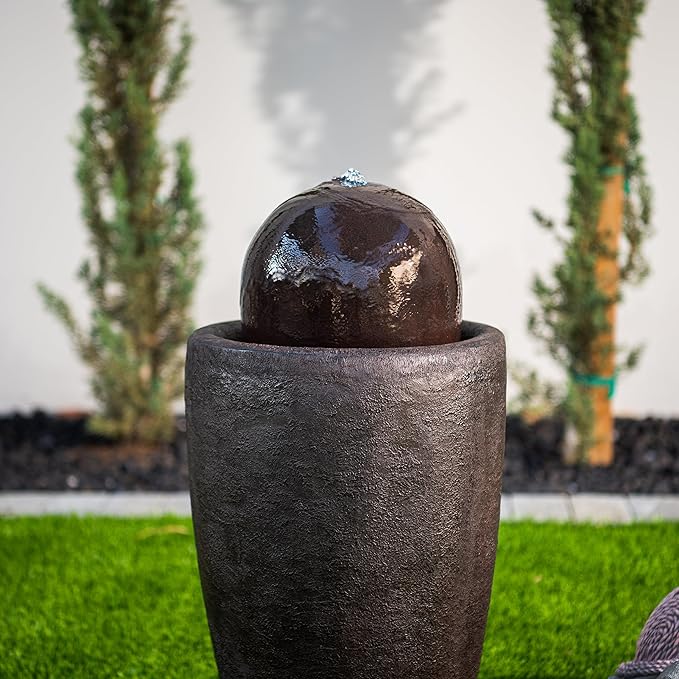 XBrand 26" Modern Sphere Water Fountain with LED Light – Indoor Outdoor Stone Texture Floor Fountain, Zen Bubbling Ball Water Feature for Garden Patio Porch - Brown