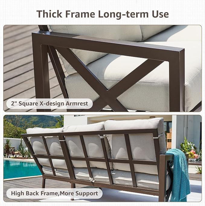 NATURAL EXPRESSIONS 8 Pieces Patio Furniture Sets,Metal Outdoor Sectional Couch L Shape Conversation Set,Highback Patio Sofa with Dining Table,2 Ottomans,Large Waterproof Cover,6.5" Cushion for Yard