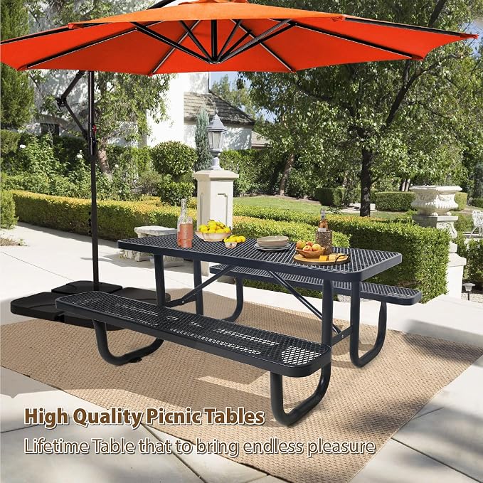 Picnic Tables for Outdoors,Commercial Metal Picnic Table Bench Set with Umbrella Hole,School Canteen Tables W/Seats - Heavy Duty Sturdy Picnic Tables Furniture for Patio Garden (Black, 4FT)