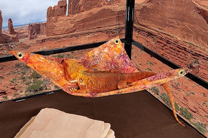 Hammock for Bearded Dragons, Orange Red Lavendar Batik Fabric with Suction Cup Hooks