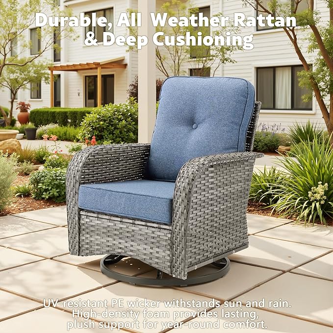 Patio Furniture, All Weather Wicker 6 PCS Outdoor Sofa with High Back Swivel Rocker Chairs, Conversation Set with Solar Light Coffee Table,Light Rattan Blue Cushion