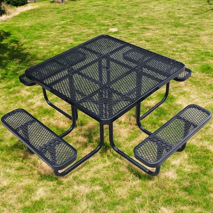 46" Square Picnic Table for Outside,Heavy Duty Metal Picnic Table Bench Set with 2in Umbrella Hole, 1600 lb Capacity,Commercial Dining Table Furniture for Garden Yard Patio Party Coffee Shop