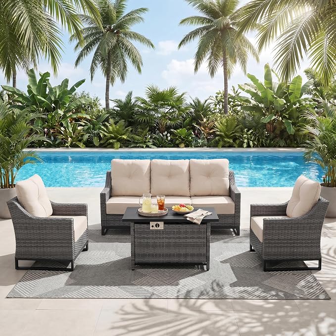 5-Piece Patio Furniture Set, Rattan Wicker Patio Set with Two Outdoor Chairs and Table, Wicker Rattan Outdoor Sofa Set with with Comfy Cushions for for Porch, Garden Poolside Balcon