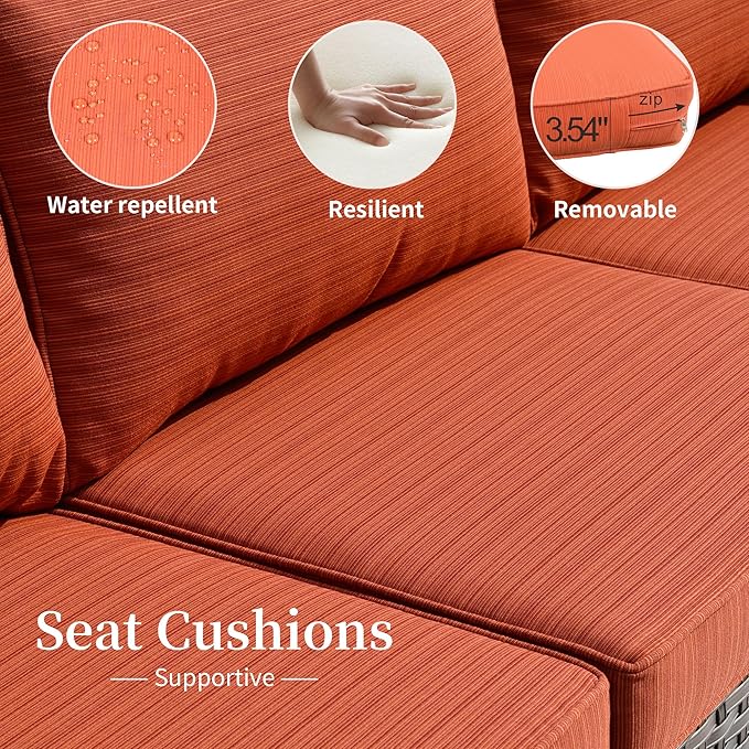 HOOOWOOO 13 Piece Patio Sectional Furniture Set with Fire Pit Table,Modern Wicker Outdoor Conversation Sofa Sets,All Weather Modular L Shaped Outside Couch Swivel Chair Set(Orange Red)