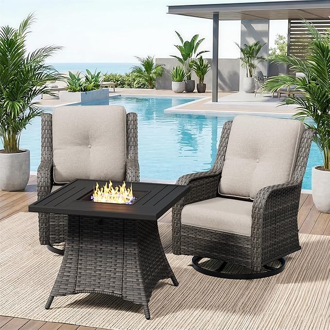 3 Pieces Outdoor Wicker Patio Furniture Set with Fire Pit Table, Swivel Rocker Patio Chairs Set with Thickened Cushions, High Back and Deep Seating, Hand-Woven PE Rattan for Porch, Deck