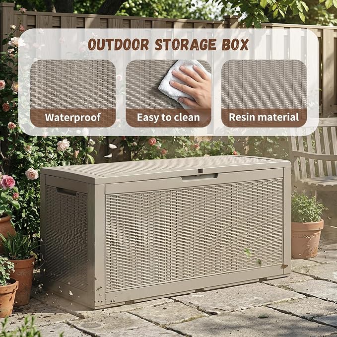 EFU Outdoor Storage Box 100 Gallon Deck Box Resin Outdoor Toy Storage With Lockable Lid, Hydraulic Struts, Rattan Style Package Delivery Boxes for Outside Patio Yard Garden (Light brown)