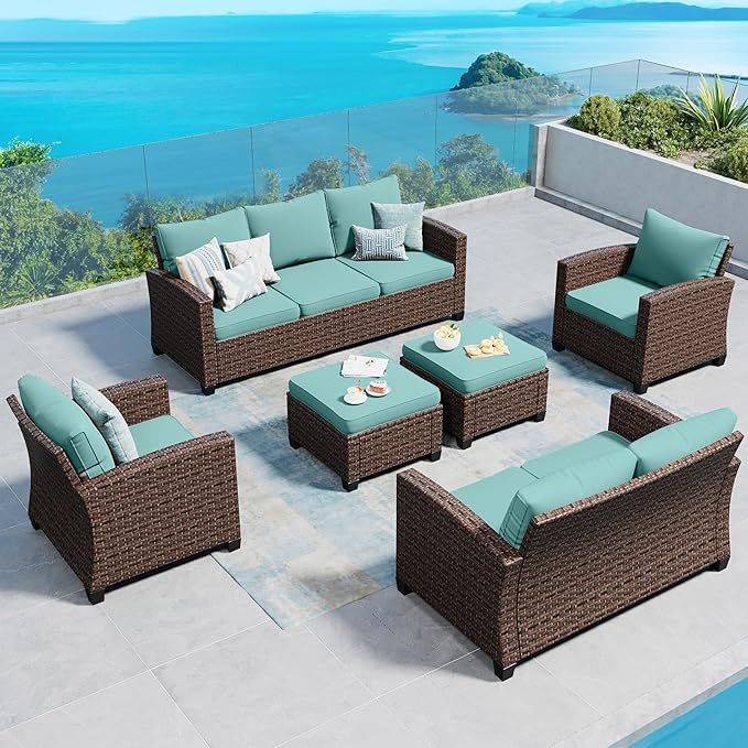 Patio Furniture Set Outdoor Furniture Brown Wicker Rattan Patio Conversation Sets with Cushion Outside Sofa Set,6 Pieces 9 Seats,Blue