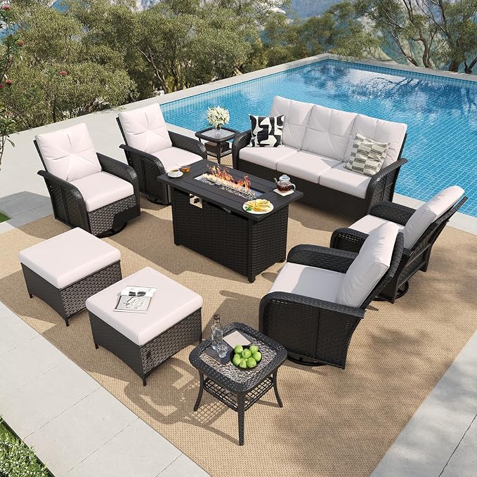 LazySunsets 12 Piece Outdoor Patio Furniture Set with 44'' Fire Pit Table, Wicker Rattan Outdoor Furniture with High Back Swivel Rocker Chairs, Outdoor Sofa Set with Thick Cushions & Ottoman, Beige