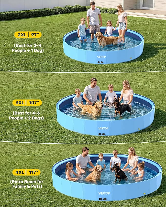 VISTOP 97" Foldable Dog Pool with Sprinkler, Large Hard Shell Pet Swimming Pool, Non-Slip Collapsible Kiddie Pool for Backyard Outdoor Summer Water Play