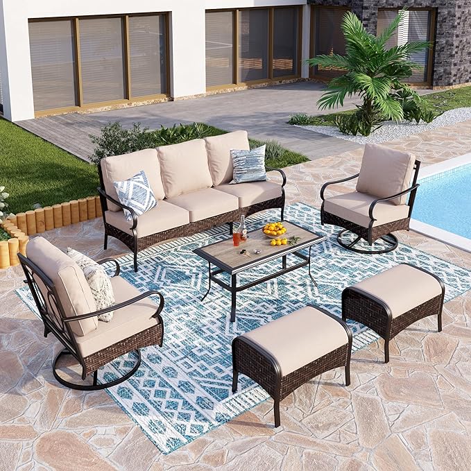 PHI VILLA Outdoor Modern Patio Furniture Set, Upgraded Wicker & Metal Patio Conversation Set with Waterproof Thick Cushions for Porch, Poolside, Yard(6 Pieces,Beige)