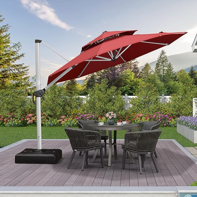PURPLE LEAF 11 FT Cantilever Patio Umbrellas with Base Included, Large Round Offset Umbrella with 360° Rotation, Outdoor Aluminum Pool Umbrella for Pool Lawn Garden, Terra