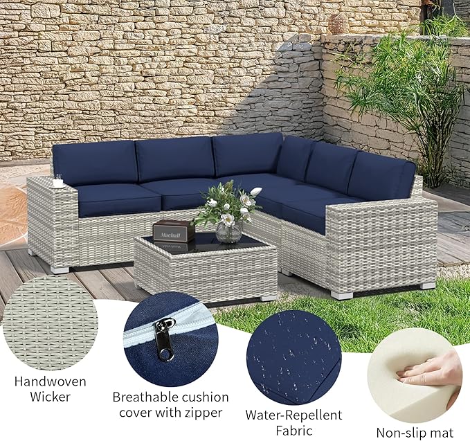 SHGJ&SOFT 6pcs Outdoor Patio Furniture Set, Waterproof Wicker Outdoor Sectional Couch with Thick Cushions, All-Weather Rattan Sectional Sofa