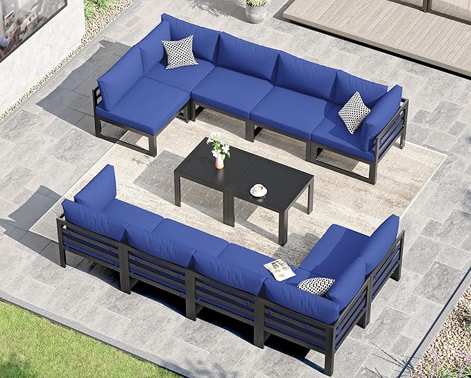 NICESOUL 12 Pcs Extra Large Modern Aluminum Outdoor Sofa with Coffee Table, 29" Deep Wide Seat, 500 lbs Durable Sectional Set for Heavy People,High End Patio Furniture Set for Backyard Lawn, Navy Blue