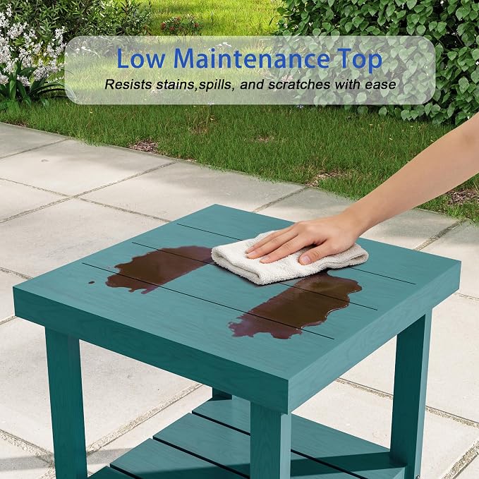 2-Tier HDPE Outdoor Square Side Table, Heavy-Duty Patio Side Table with Storage Shelf, Weather-Resistant Adirondack End Tables for Backyard, Pool, Porch, Garden, Lawn, Lake Blue
