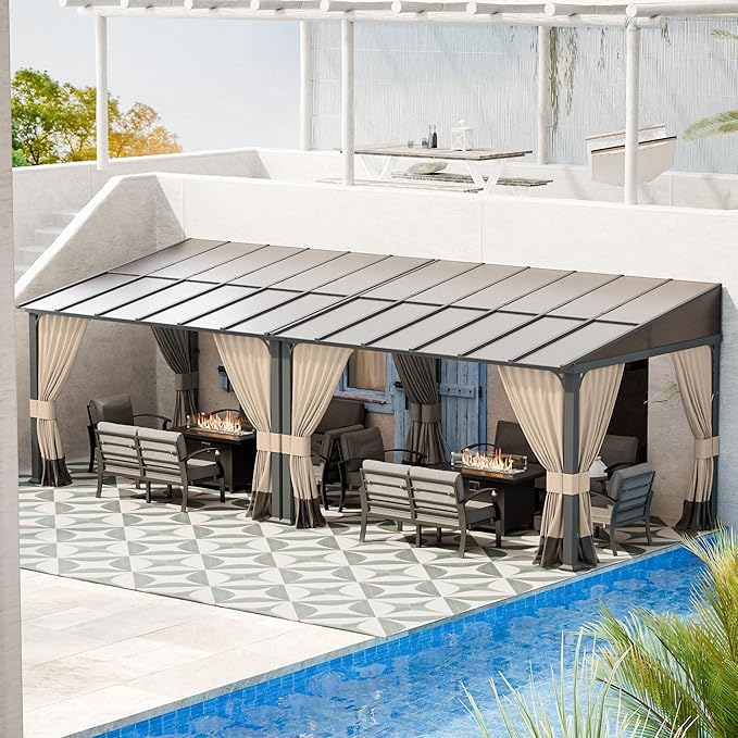 10' x 24' Lean to Gazebo,Large Wall Mount Heavy Duty Gazebos Pavilion,Outdoor Hardtop Pergola Shelter with Curtains and Netting,Sunshade for Patio Garden Lawn Backyard Deck,Brown