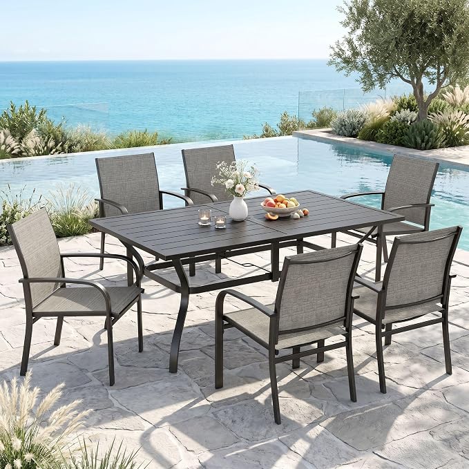 MIXPATIO Patio Table and Chairs Set, Patio Dining Set for 6 with Brown Chairs and Metal Rectangular Table for Deck Backyard Lawn Poolside