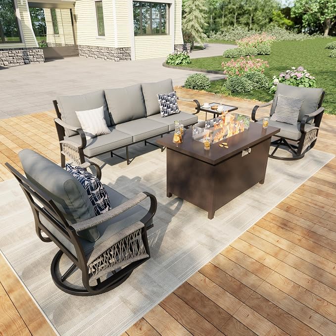 5 Pieces Patio Conversation Sets, All Weather Metal Outdoor Furniture Set 3-Seater 2 Swivel Rockers with Side Table and Fire Pit Table for Backyard Garden Deck Porch Poolside, Gray