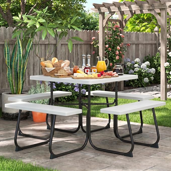 POWERSTONE Picnic Tables with Benches for 8, Outdoor HDPE Picnic Table with Umbrella Hole, Heavy Duty 35" Portable Dining Set Camping Table for Backyard, Patio, Park(White)