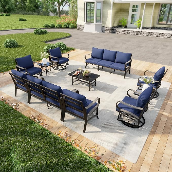 11 Pieces Patio Furniture Set, Metal Outdoor Conversation Sets with Swivel Chairs, Modern Couch Sofa Seating Group with Coffee Table and Side Table (Thick Blue Cushions)