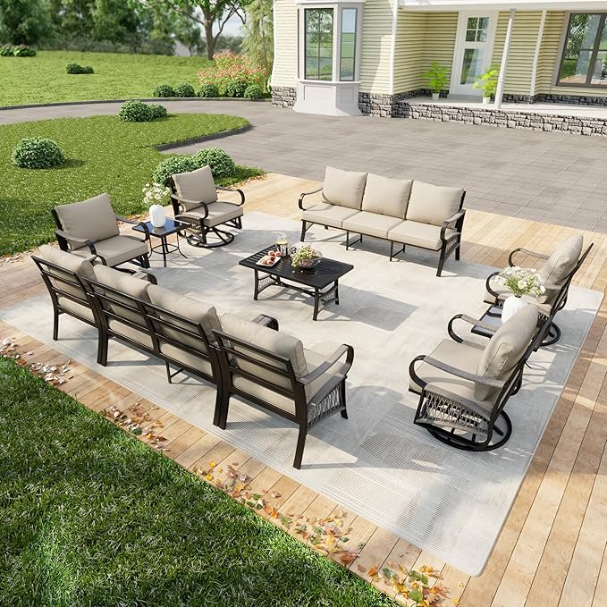 11 Pieces Patio Furniture Set, Metal Outdoor Conversation Sets with Swivel Chairs, Modern Couch Sofa Seating Group with Coffee Table and Side Table (Thick Beige Cushions)
