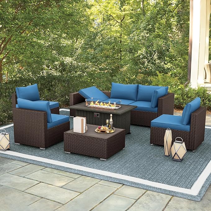 HOMREST 8 Pieces Outdoor Patio Furniture Set with 44" Propane Fire Pit Table, PE Rattan Sectional Sofa Conversation Set w/Adjustable Bracket, Wood Coffee Table for Backyard (Blue)