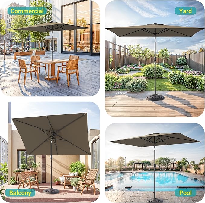 Rectangle Patio Umbrella with Solar Lights, 6x9ft Outdoor Rectangular Table Market Umbrella Patio with Push Button Tilt and Crank for Pool, Deck, Garden,Backyard