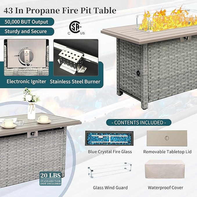WAROOM Patio Furniture Set 6 Piece PE Rattan Outdoor Conversation Sets Grey Wicker Couch Sectional Sofa with Fire Pit Table and Peacock Blue Cushion