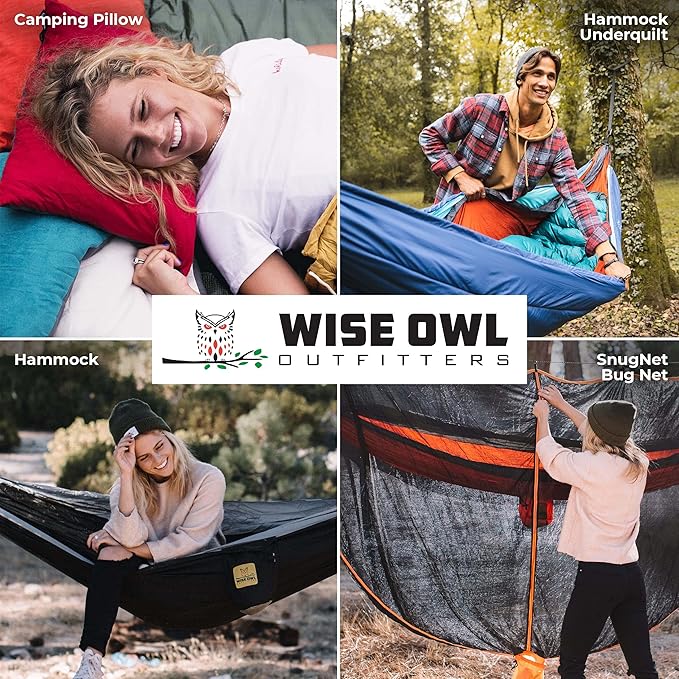 Wise Owl Outfitters Black Hammock with Pillow & Blanket - 400 lbs Capacity, 16 oz Weight, Waterproof Camping Accessories