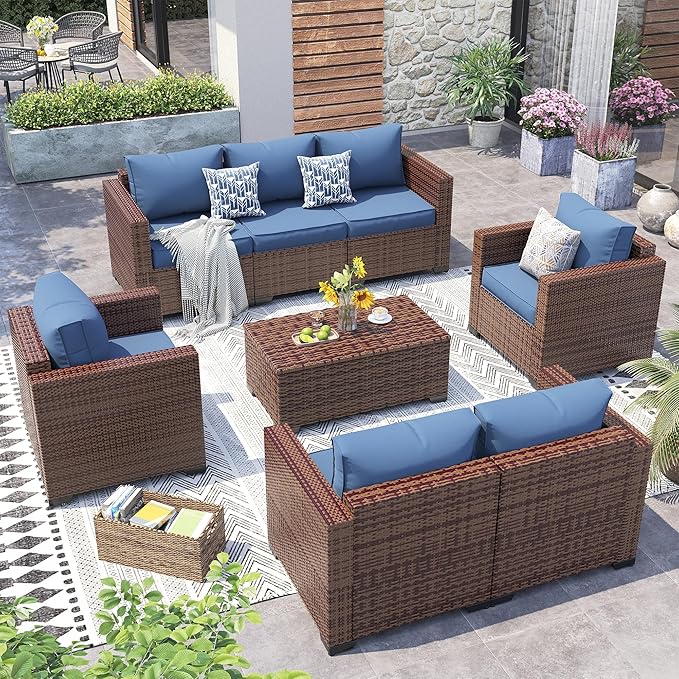 Patio Furniture Set,5 Piece Wide Armrest Outdoor Furniture Chair with 4" Thickened Cushion,Wicker Patio Conversation Sets with Waterproof Covers for Backyard, Porch(Navy Blue)