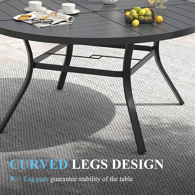 VICLLAX 50" Round Patio Table with Umbrella Hole, All Weather Metal Outdoor Dining Table for 6, Outside Table with Storage Shelf for Lawn Garden, Black