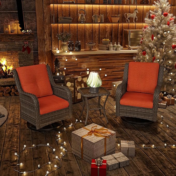 Outdoor Wicker Rocker Chairs Set of 3, High Back Patio Chairs Wicker Furniture Set, 2PCS Rattan Swivel Rocking Chair with Side Table(Mixed Grey/Orange)