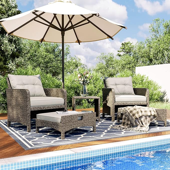 Pamapic 5 Pieces Wicker Patio Furniture Set Outdoor Patio Chairs with Ottomans Conversation Furniture with coffetable for Poolside Garden Balcony(Grey Cushion +Grey Rattan)