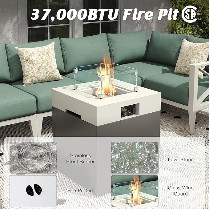 Aluminum Patio Furniture Set with Fire Pit Table,7-Seats Patio Sectional Conversation Sofa with 5.2" All-Weather Cushions and Coffee Table,Furniture Set for Deck, Porch, Garden,White