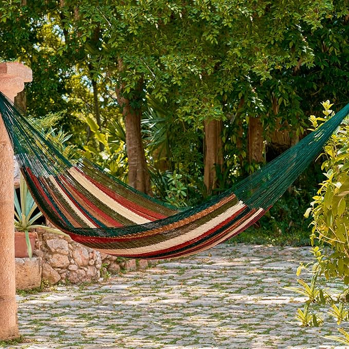 NOVICA Artisan Handmade Hammock Unique Striped Mayan Single Green Earthtone Nylon Mexico Rope Backyard Barbeque 'Mother Earth' (Single)
