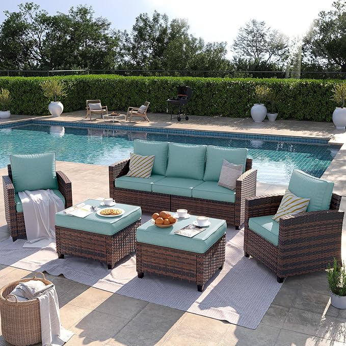 Patio Furniture Set, 5 Pieces Outdoor Sectional Couch with Chairs, Ottomans and Thick Cushions, All Weather Wicker Rattan Patio Conversation Set, Light Blue