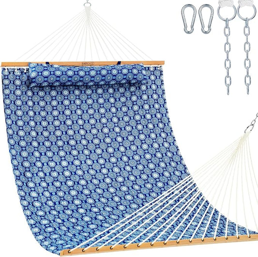 Lazy Daze Hammocks 12FT Quilted Fabric Hammock with Soft Pillow, Double 2 Person Tree Hammock with Spreader Bar for Outdoor Patio Backyard Poolside, 450lbs Weight Capacity, Blue Floral