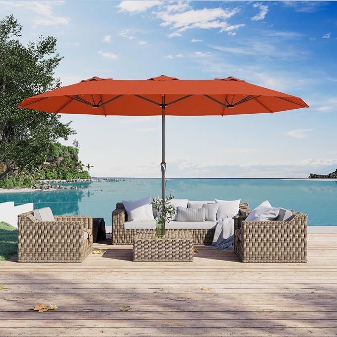 PatioKingdom 15FT Large Patio Umbrella with Base, Double Sided Rectangular Outdoor Umbrella with Sturdy Fiberglass Ribs, Market Umbrella for Pool,Garden,Backyard,Deck (Orange, 15FT)