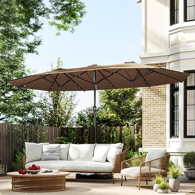 Outsunny 14.4ft Large Patio Umbrella with 36 Solar LED Lights, Double Sided Outdoor Umbrella with Base Included