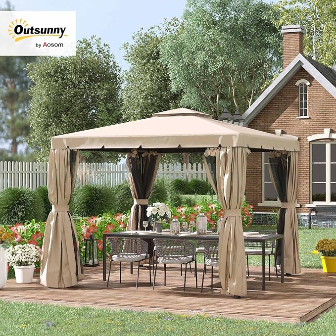 Outsunny 10' x 10' Patio Gazebo, Aluminum Frame Double Roof Outdoor Gazebo Canopy Shelter with Netting & Curtains, for Garden, Lawn, Backyard and Deck, Khaki