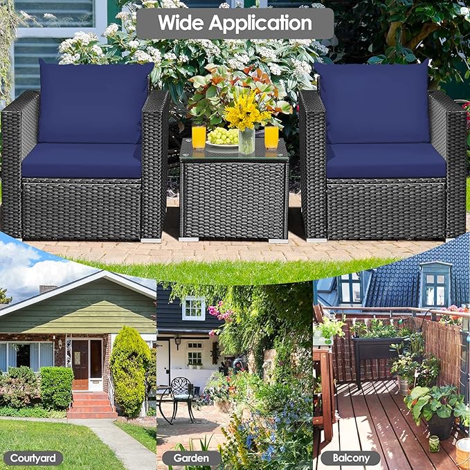 HAPPYGRILL 3-Piece Patio Furniture Set Rattan Wicker Patio Conversation Set with Coffee Table and Cushions Outdoor Sofa Set for Garden Balcony Porch Poolside