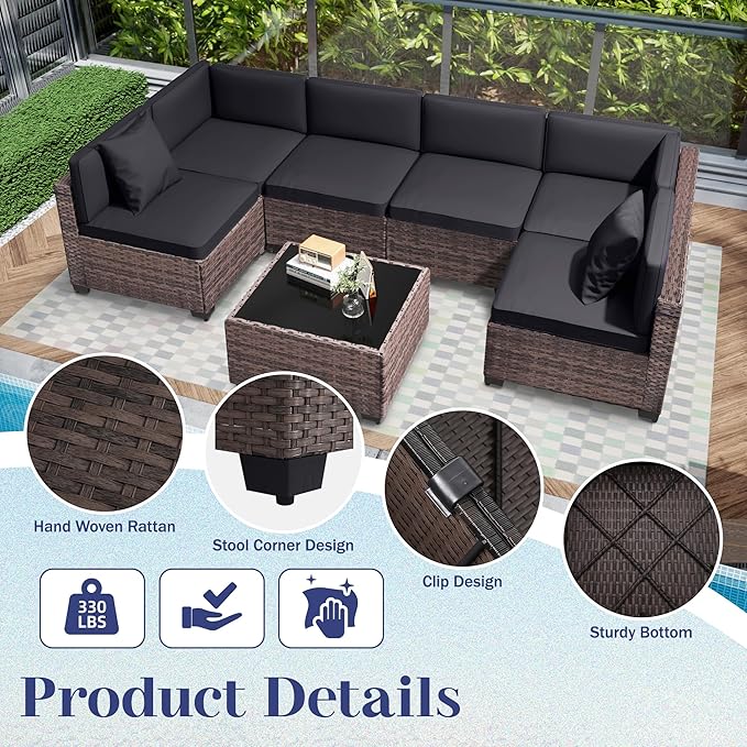 KIGOTY Patio Furniture Set,14 Pieces Modular Outdoor Sectional Sofa, PE Rattan Patio Conversation Set, All Weather Wicker Patio Furniture with Cushions and Coffee Table（Brown/Dark Grey）